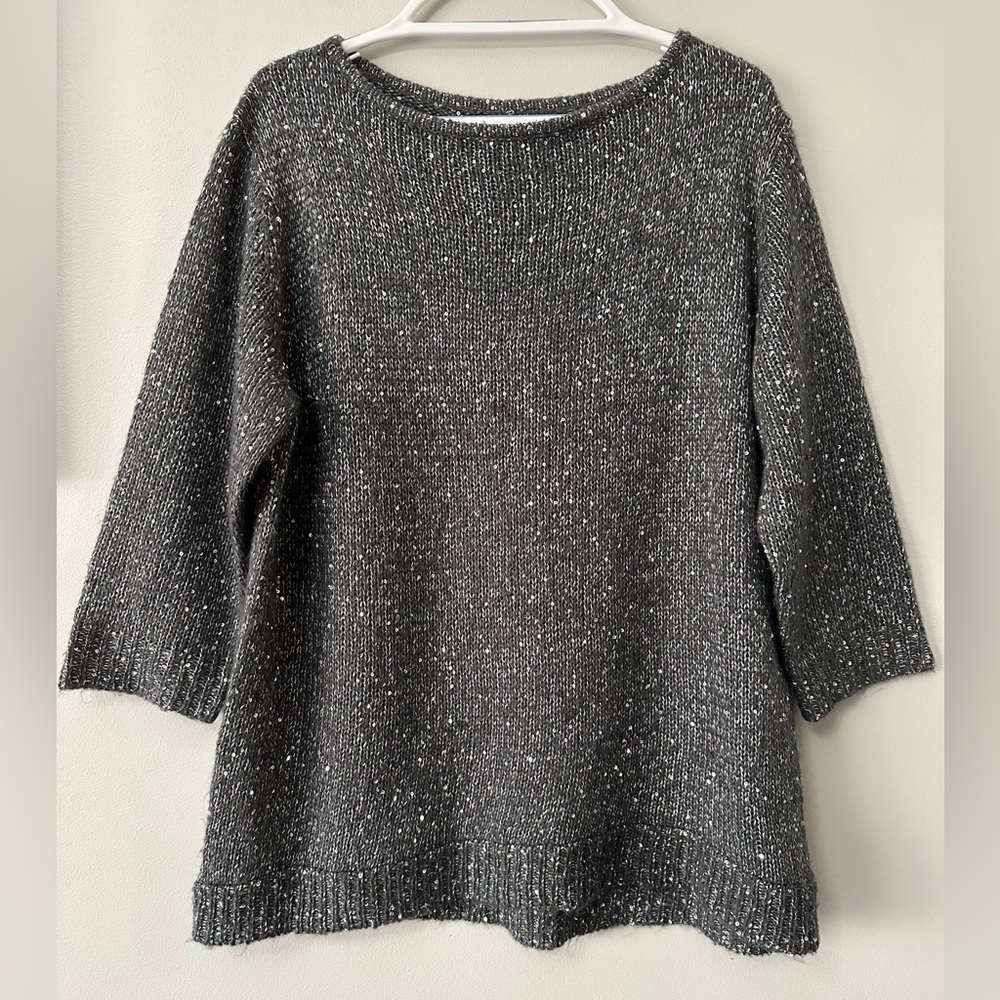Kenneth Cole New York Sequin Knit Sweater Top Grey Silver XL Sparkly 3/4 Sleeve